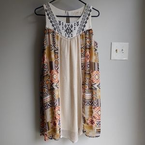 Sleeveless Aztec Pattern Yoke Dress with Button Keyhole Back